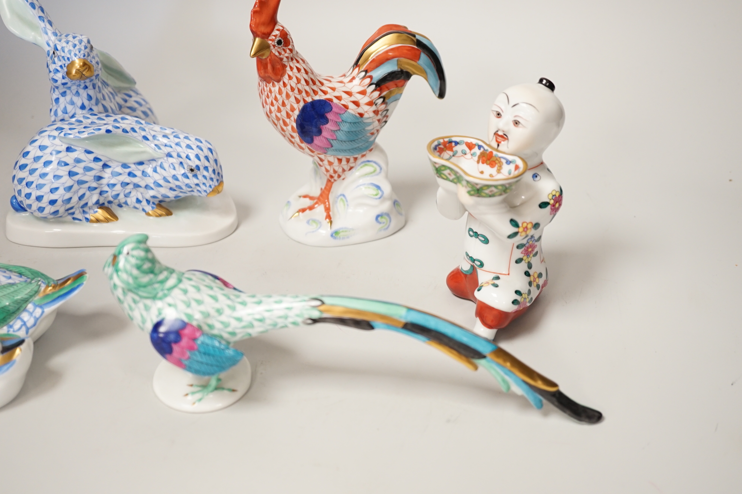 A group of five Herend models - a kneeling Chinaman, pheasant, cockerel, duck group and rabbit group, tallest 14cm